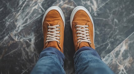 Casual outfit with shoes, close-up of stylish sneakers and jeans on a minimalist background