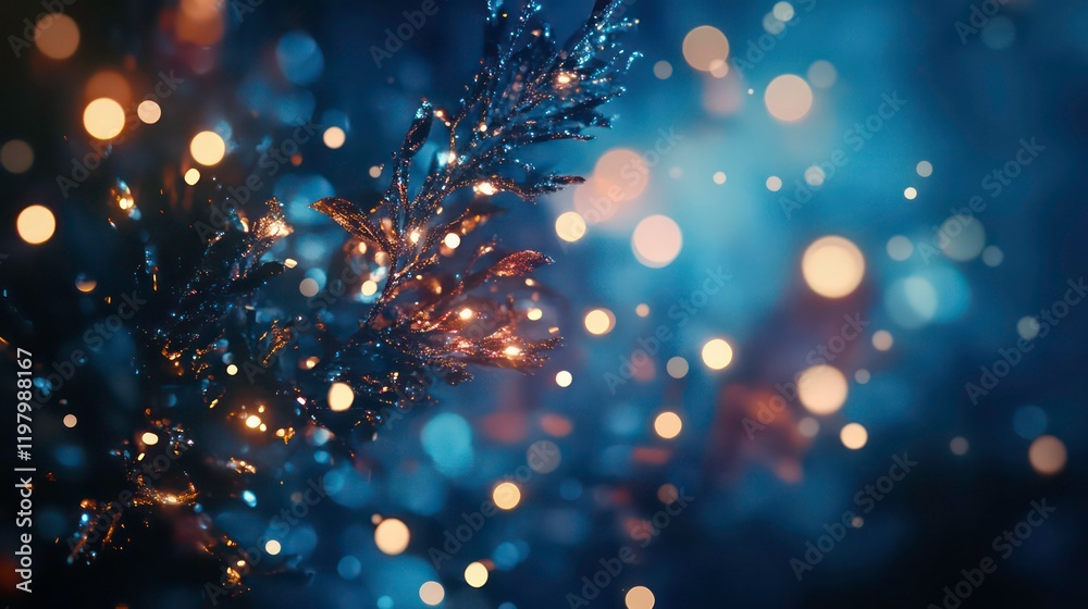 Poster illuminated branch with bokeh lights, dark blue background.