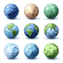 A collection of low poly earth globe illustrations. Set of polygonal globe icons with a low poly design. Creative low poly origami globe, rendered in 3D