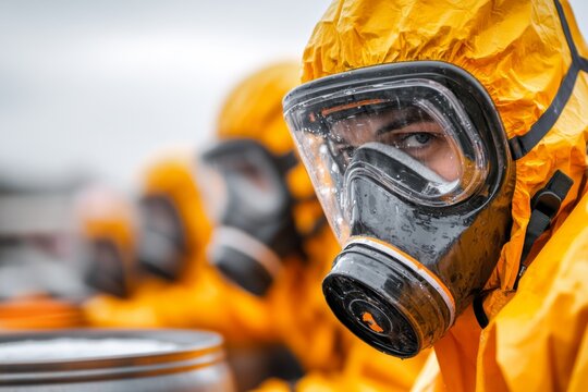 A warehouse storing hazardous materials, with warning signs, sealed barrels, and workers in protective gear