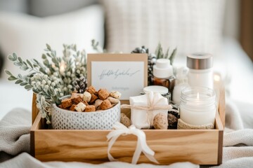 A welcoming gift basket filled with local treats, a handwritten card, and decorative ribbons placed in a cozy guest room