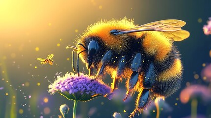 A bumblebee covered in fuzzy yellow and black stripes collecting nectar from a flower 