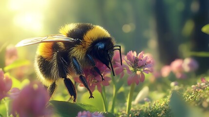 A bumblebee covered in fuzzy yellow and black stripes collecting nectar from a flower 