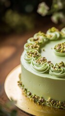 A Stunning Pistachio Cake with Exquisite Creamy Frosting and Delicate Pistachio Nuts. A Visual Feast of Flavorful Pistachio Delights.
