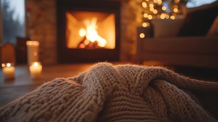 Obraz premium Cozy fireplace corner, close-up of crackling fire, soft lighting and warm blankets nearby