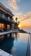 Obraz premium Luxurious villa with infinity pool overlooking sunset by sea. elegant architecture and serene atmosphere create perfect retreat