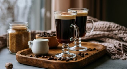 Two Irish coffees on wooden tray with coffee beans