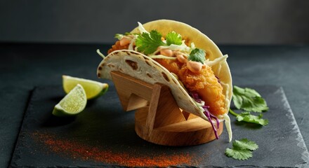 Crispy fish taco garnished with cilantro and lime wedges