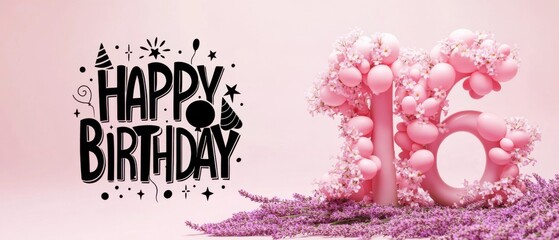 Happy 16th Birthday Celebration: Pink Balloons and Lavender Flowers