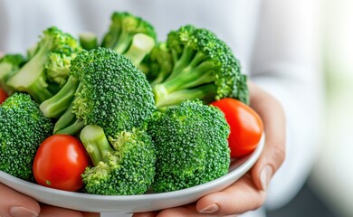 Freshly harvested broccoli and cherry tomatoes on a plate held by hands indoors during daylight hours
