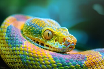 Obraz premium Closeup of a colorful green tree python resting on a branch