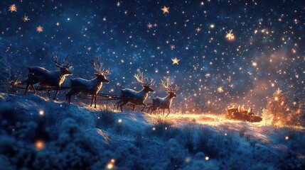 Naklejka premium Christmas doodles of reindeer and sleighs against a snowy backdrop, with twinkling stars in the night sky,