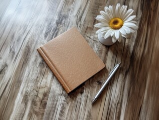Fototapeta premium Notebook and flower on wooden table create a serene workspace atmosphere during a quiet afternoon. Generative AI