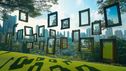 Obraz premium 空中に並ぶ写真フレームが風景を切り取る幻想的な展示