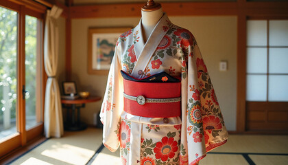 Naklejka premium Intricate wedding kimono displayed in tatami room, cultural elegance