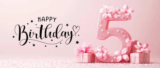 Naklejka premium Happy 5th Birthday Girl: Pink Glitter Number Five with Gifts and Flowers