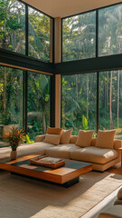 Fototapeta premium modern living room featuring spacious sofa, wooden coffee table, and large windows overlooking lush green landscape. warm sunlight creates cozy atmosphere