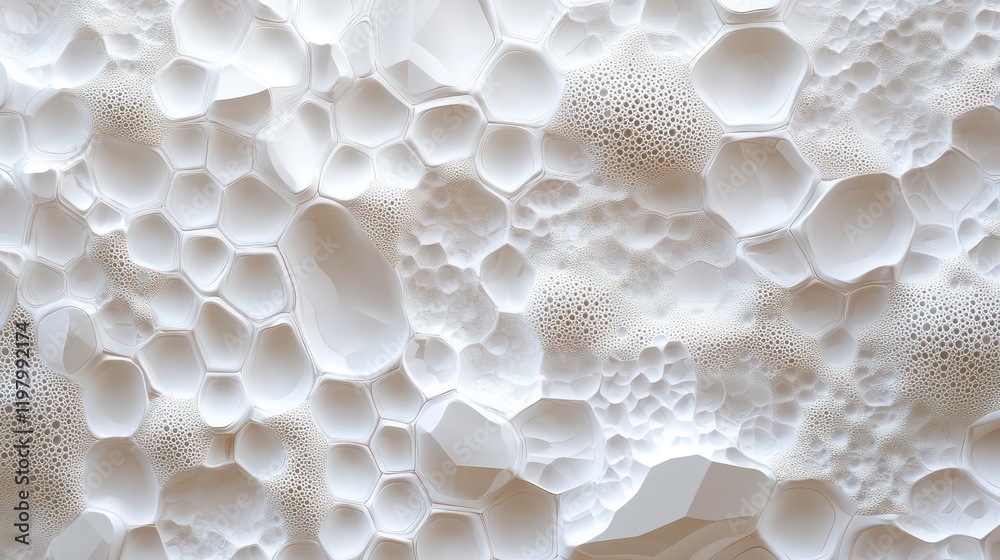 Poster abstract white textured surface with irregular, organic shapes resembling cells or foam.