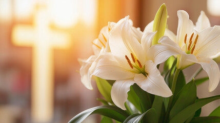 Flowers in church interior with cross on bokeh background. Easter religious concept. Image for greeting card, banner with copy space. 
