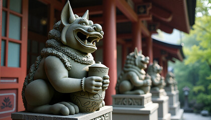Intricate Komainu guardian statues at Japanese shrine, spiritual protection