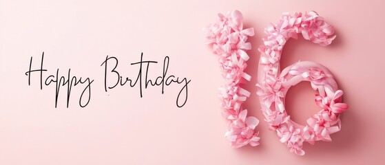 Naklejka premium Happy 16th Birthday Pink Floral Number Sixteen Celebration