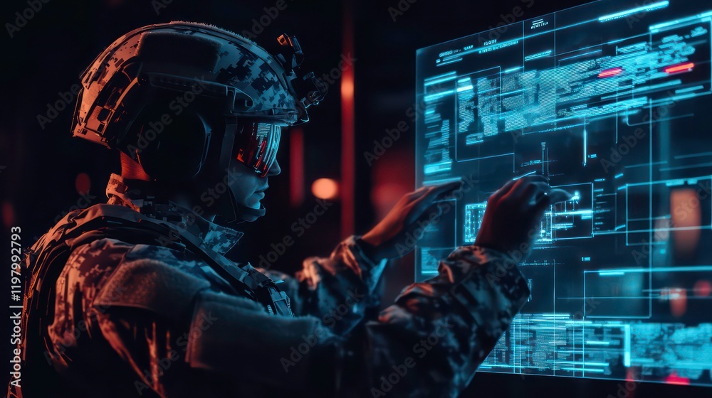 Poster soldier interacting with a futuristic holographic display, analyzing data in a dark room.