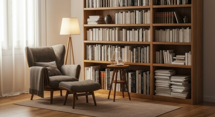 Cozy reading nook with armchair, ottoman, lamp, and bookshelf filled books in warmly lit room