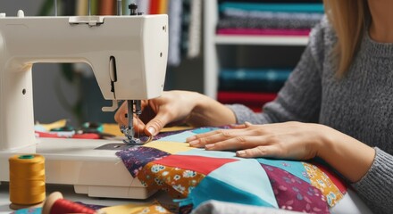 Woman using sewing machine making colorful quilt in cozy room