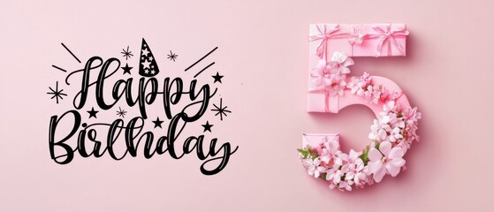 Naklejka premium Happy 5th Birthday Floral Number Five with Pink Gift Boxes and Flowers