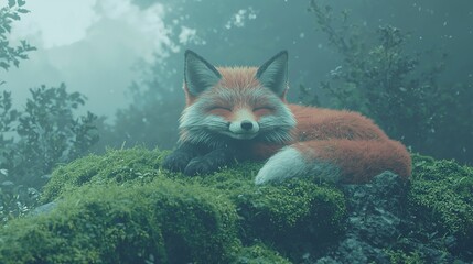   A red fox lies atop a verdant forest bed, surrounded by lush foliage and mossy underbrush on a misty morning