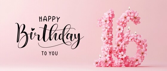 Happy 16th Birthday Floral Number Sixteen with Candles Stock Photo
