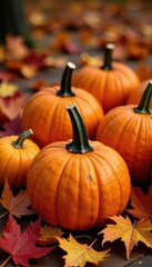 Several pumpkins surrounded by a pile of multicolored autumn leaves , yellow, autumn leaves, leaves