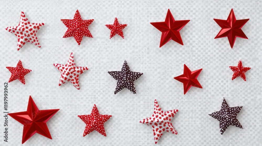 Poster Red and dark-red patterned and solid stars arranged on a white textured background.