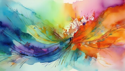 Vibrant Watercolor Hand Painted Abstraction Showcasing Expressive Swirls and Ripples of Deep Blues, Greens, and Yellows, Capturing a Whimsical World on Canvas in .