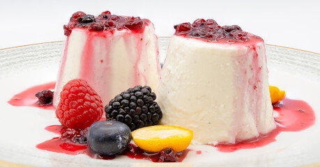 Zweierlei Panna Cotta mit roter Beerensauce und frischen Früchten auf einer edlen Servierplatte