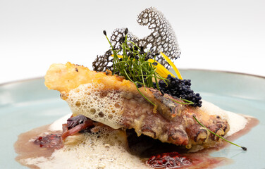 Knuspriger Fisch mit schwarzem Knusperchip, Schaum und frischer Kräuterdekoration auf modernem...
