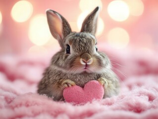 You're no bunny 'til some bunny loves you Adorable brown bunny rabbit holding a pink heart, sitting on a soft, fluffy blanket.