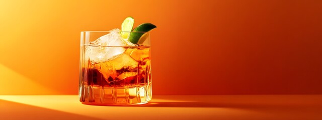 Glass of whiskey on orange background
