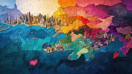 An artistic representation of the Hong Kong map highlighted by vibrant colors and intricate patterns