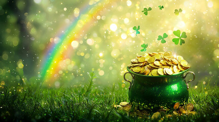 Pot of Gold at the End of a Rainbow with Shamrocks and Sparkling Lights in a Green Field