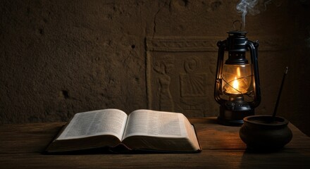 Open book and lantern on wooden table with ancient stone wall background