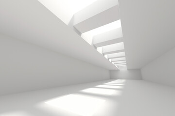 Minimalist architectural design featuring a bright white corridor with geometric skylights. 3d render.