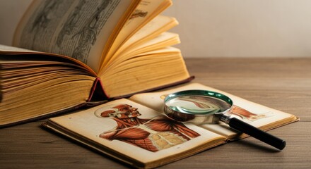 Anatomy book with magnifying glass on wooden table