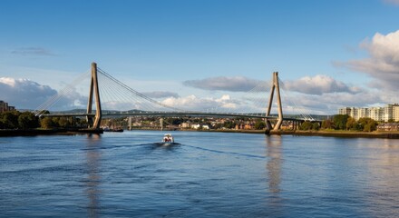 Obraz premium Cable-stayed bridge over river with boat under clear sky