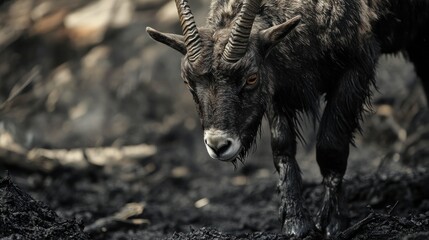 A lone ibex, traversing the ashen landscape after a wildfire, its gaze intense, a testament to nature's resilience.