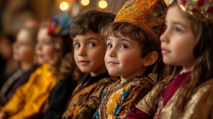 A family sitting together in a synagogue during a Purim service, with children dressed in colorful costumes and adults enjoying the moment.
