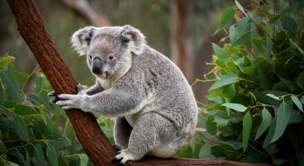 Fototapeta premium Koala perched on tree, surrounded by lush green foliage