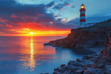 Fototapeta premium Sunrise illuminates the far-off cityscape with a lighthouse standing tall by the coastline, Havana, Cuba