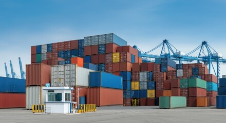 Stacked shipping containers at port with cranes in background