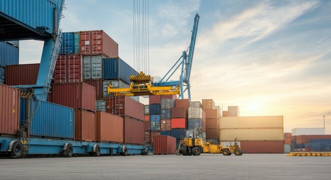 Industrial cranes unloading and stacking shipping containers at port during sunset
